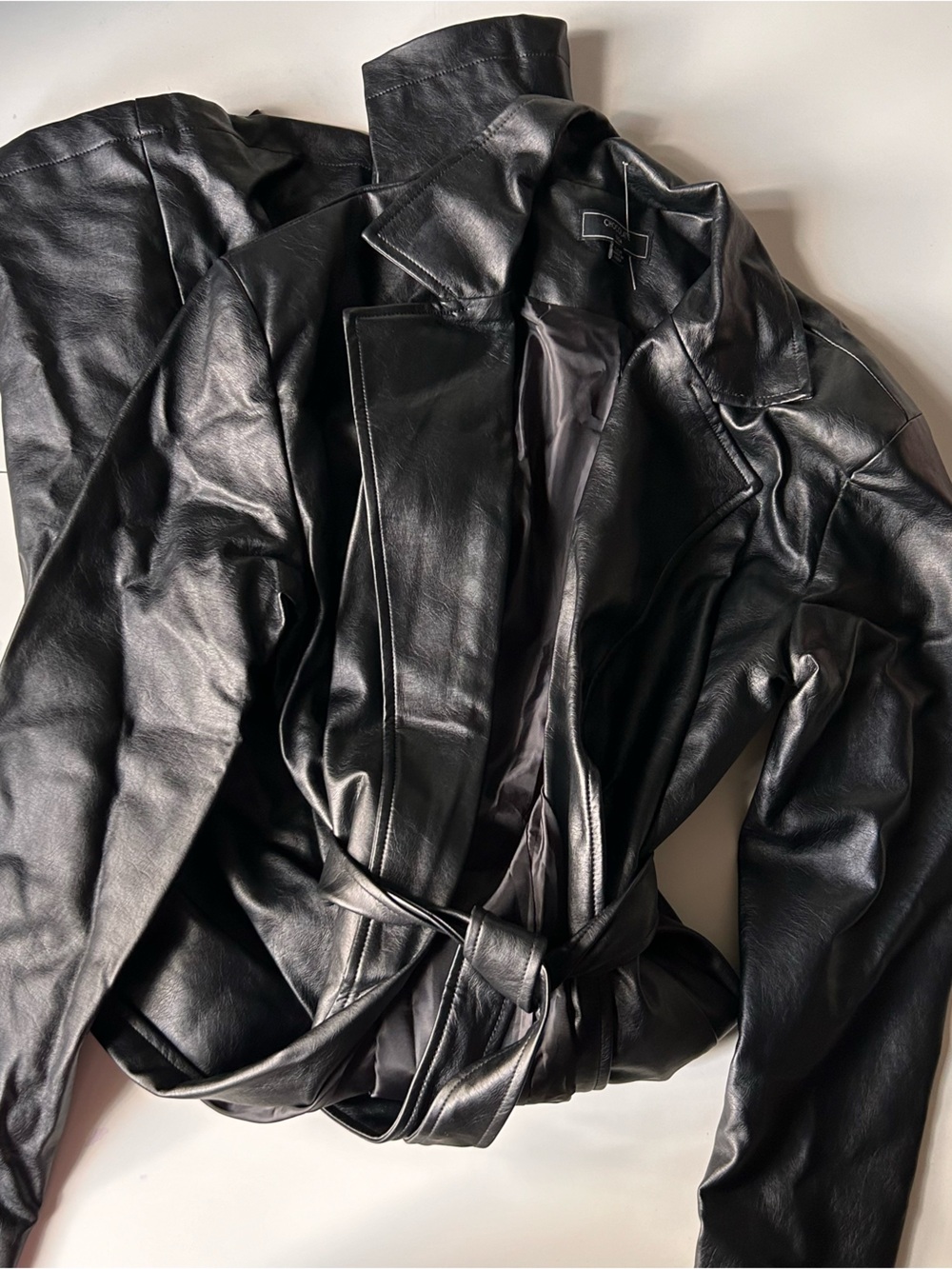 Chocolate Black Faux Leather Belted Trench Jacket